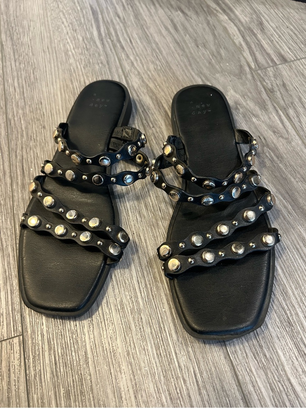 Studded Black Triple-Strap Women's Slide Sandals